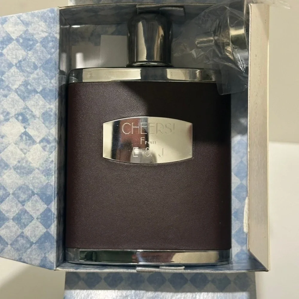 Things Remembered Personalized Flask Stainless Steel Brown Leather Open Box